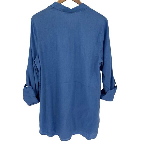 J Jill Love Linen Long Roll Tab Sleeve Half Button Tunic Top Blue Women Large - Picture 4 of 8